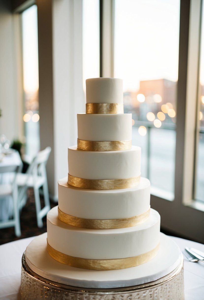 A four-tiered wedding cake in minimalistic white with gold leaf accents