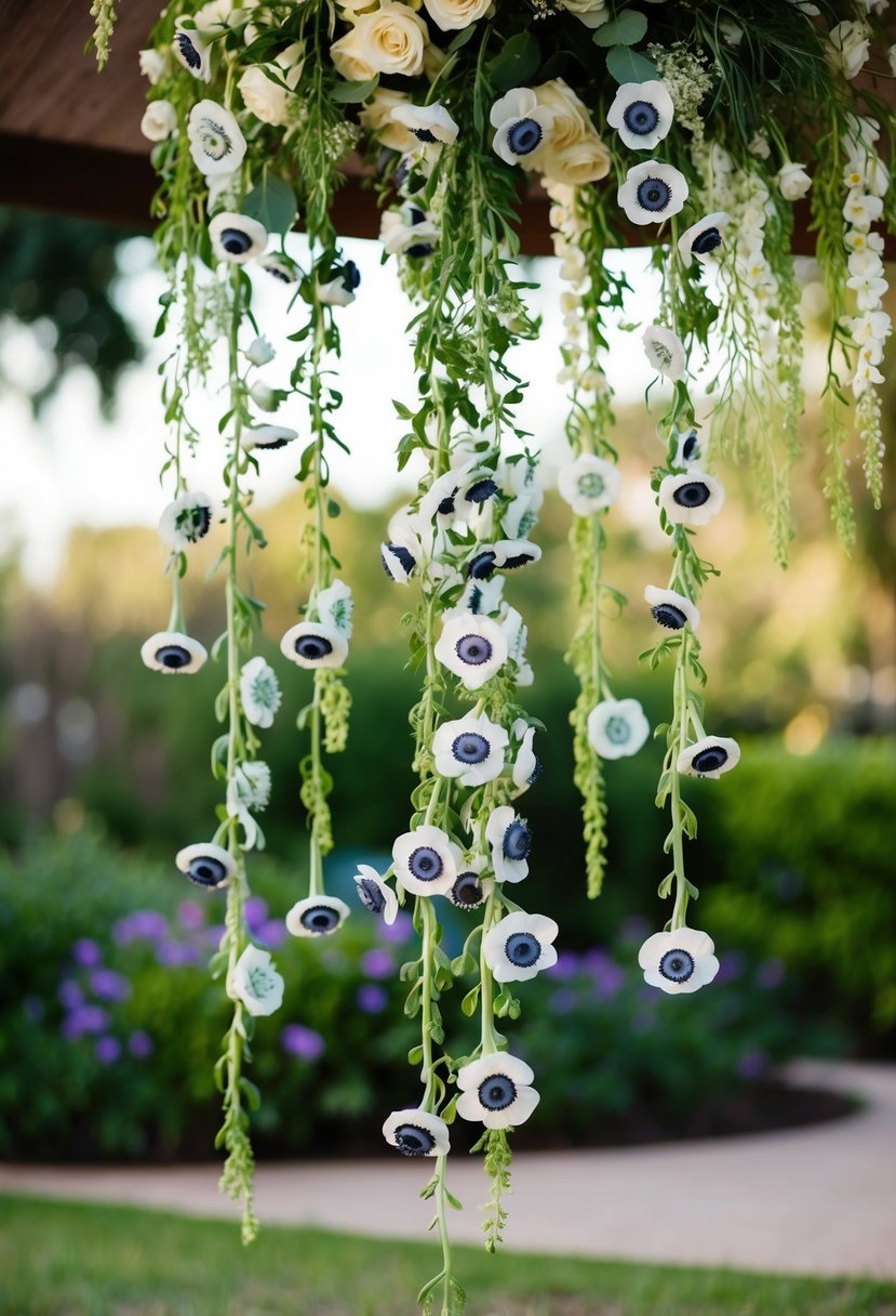 Cascading anemones drape from hanging canopies in a wedding bouquet arrangement