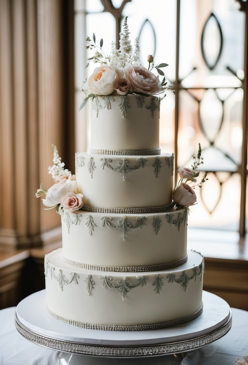 A four-tiered vintage floral art deco wedding cake with intricate designs and delicate flowers