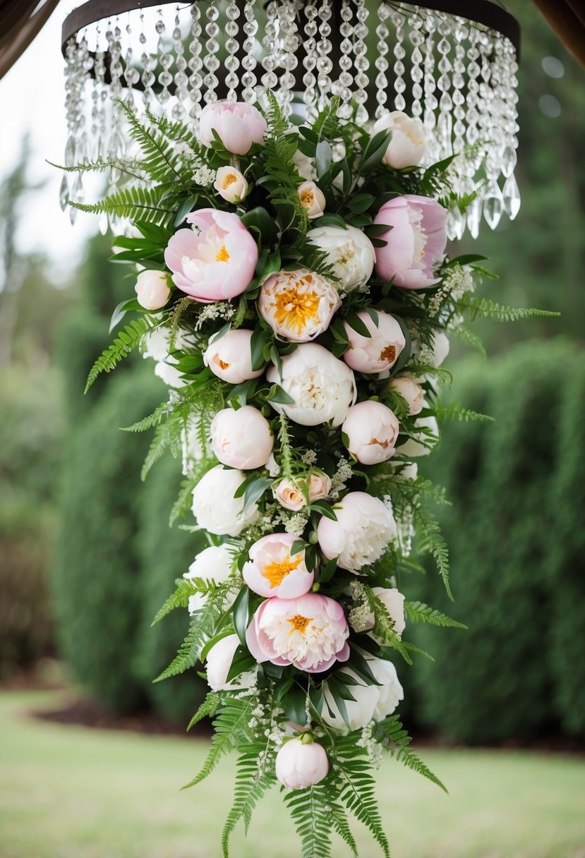 A cascading chandelier of peonies and ferns, creating a whimsical and romantic wedding bouquet idea