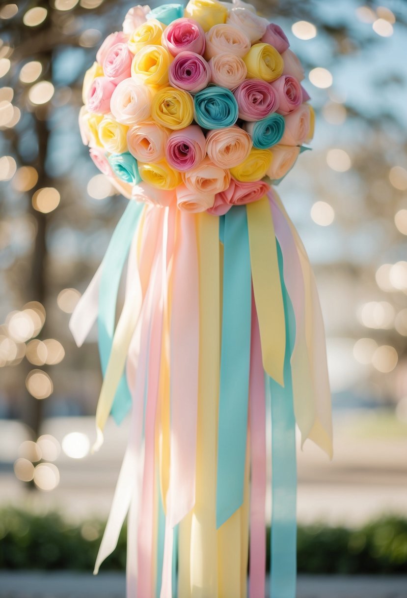 A cascading bouquet of chiffon ribbons in pastel shades