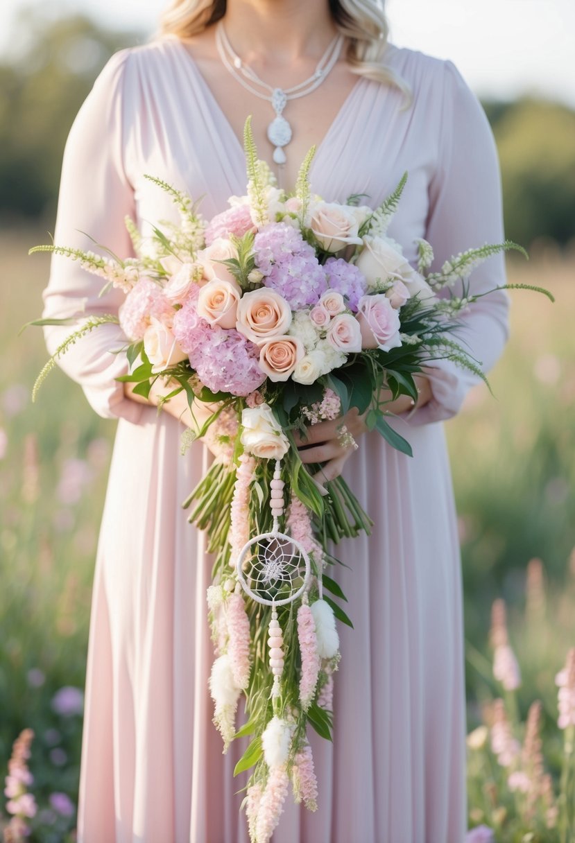 A cascading bouquet of pastel flowers intertwined with dream catcher elements