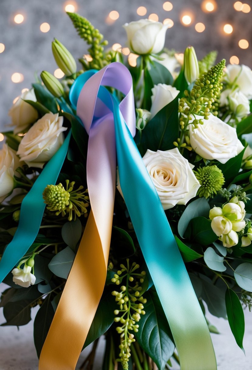 Silk ribbons in ombre tones cascade from a lush bouquet, creating a stunning visual effect