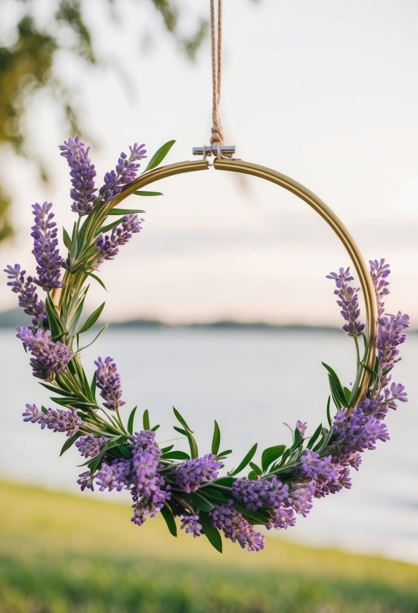 A hoop adorned with lavender blooms, suspended in the air, serving as a unique wedding bouquet idea