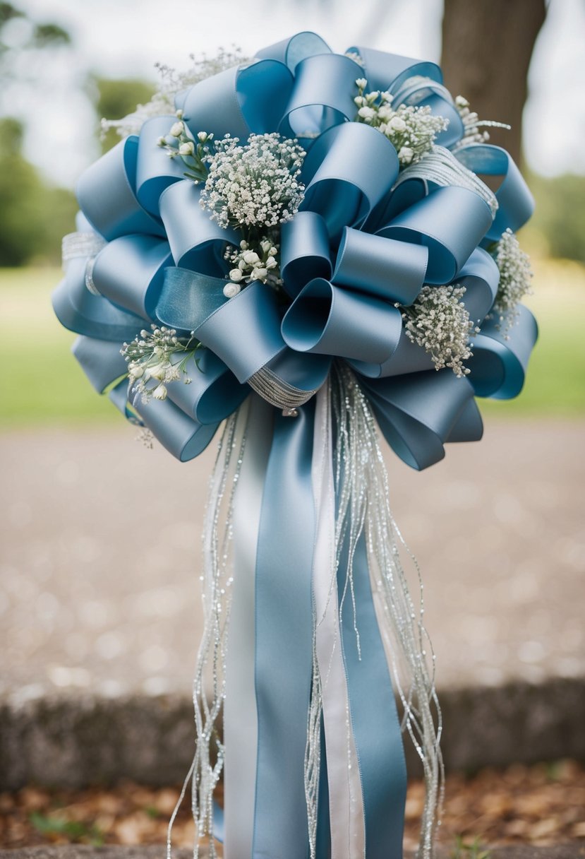 A bouquet of dusty blue silk ribbons cascading down, intertwined with delicate strands of silver and white, creating a flowing and elegant wedding bouquet