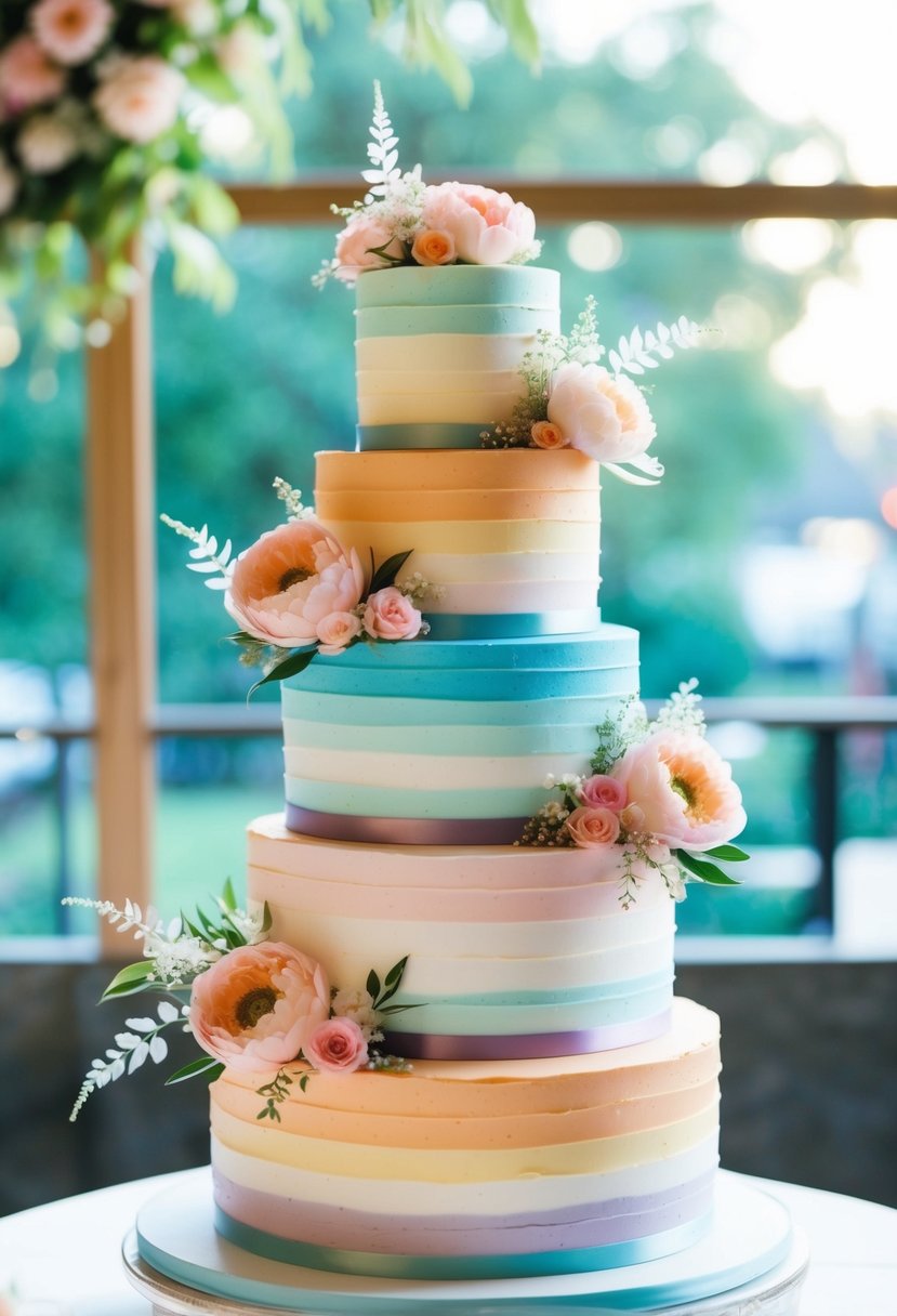 A whimsical four-tier wedding cake with pastel rainbow layers and delicate floral decorations