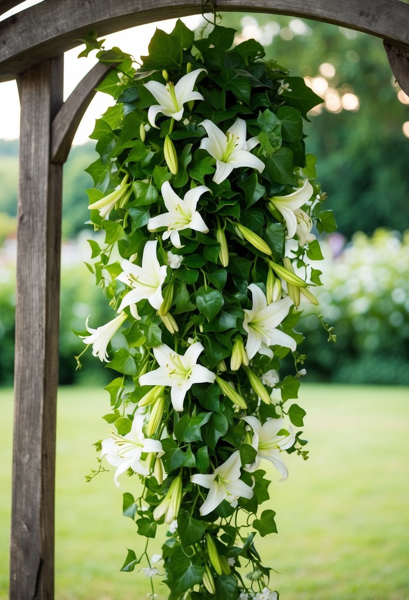 A cascading bouquet of vibrant green ivy and delicate white lilies intertwined, hanging from a rustic wooden arch