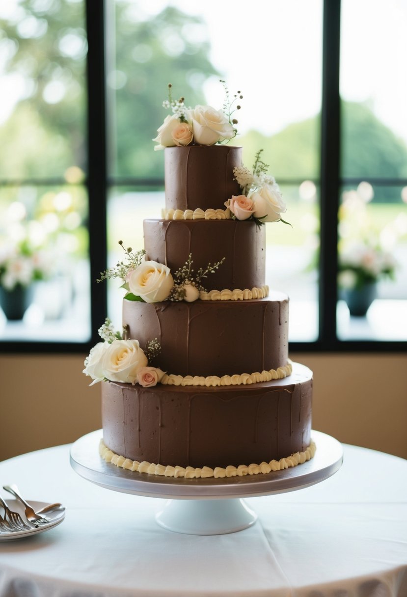 A four-tier wedding cake with classic chocolate ganache frosting, adorned with delicate floral decorations and elegant piping details