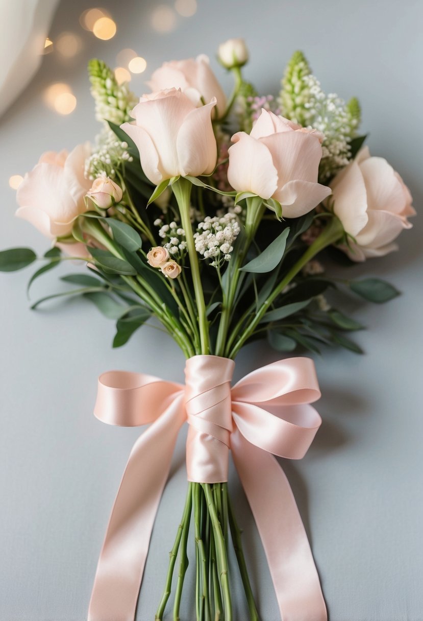 A blush pink satin ribbon wraps around a long-stemmed wedding bouquet, creating a soft and elegant look