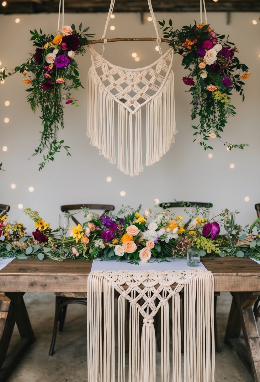 A bohemian macramé floral display hangs above a rustic wedding table, adorned with a cascade of colorful blooms and delicate greenery