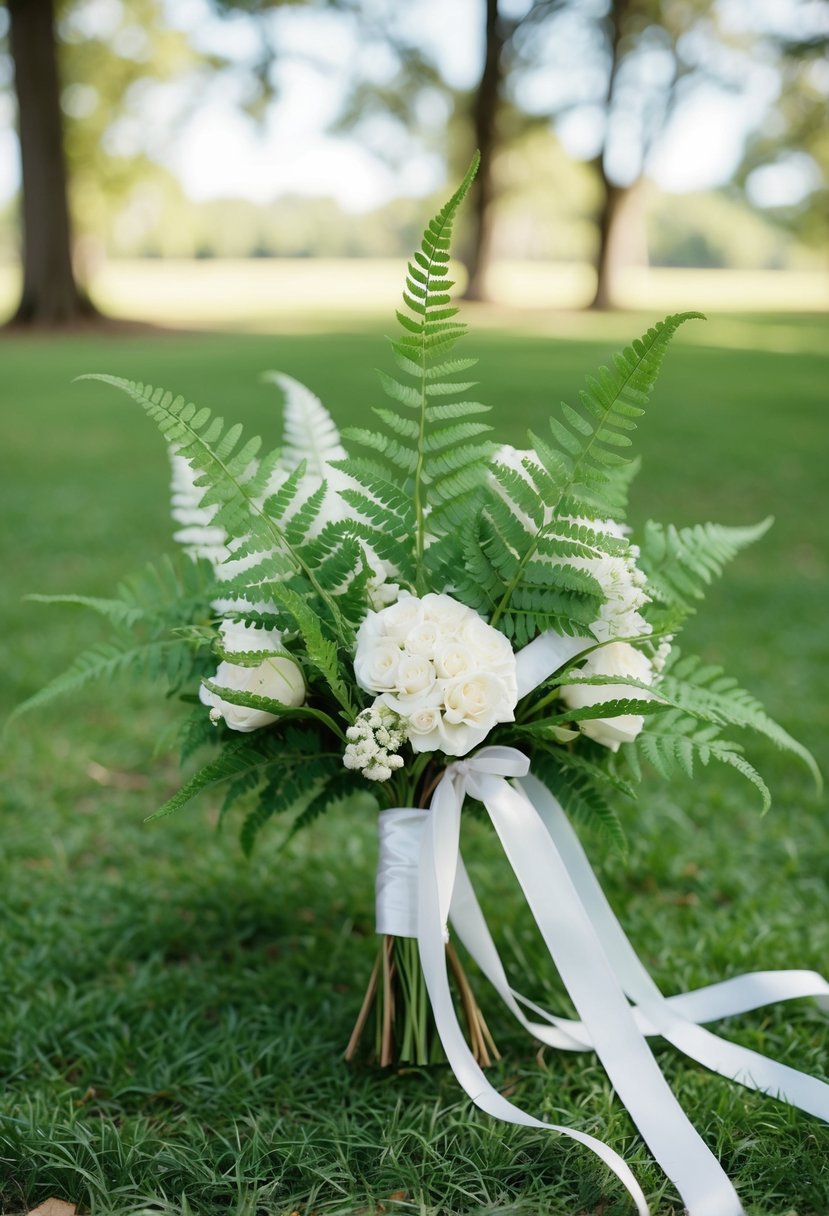 Maidenhair ferns and long ribbons intertwine in a flowing wedding bouquet