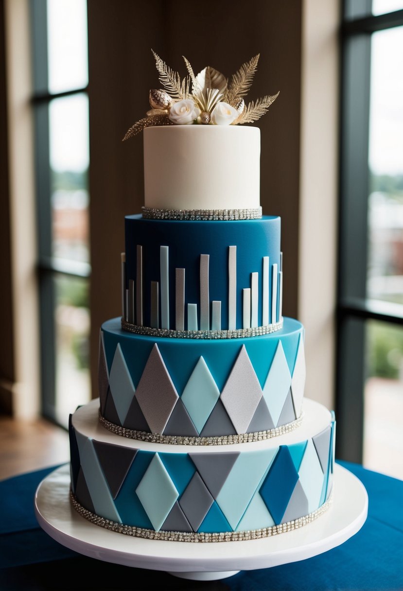 A four-tiered wedding cake with modern geometric patterns in varying shades of blue, grey, and white, adorned with metallic accents and intricate details