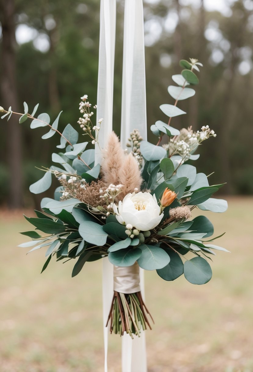 An elegant wedding bouquet featuring a combination of eucalyptus and dried flowers, suspended from a delicate ribbon