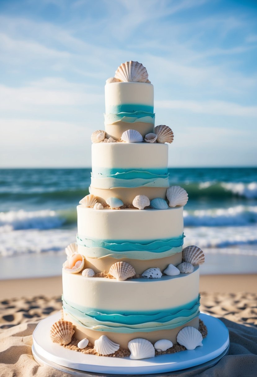 A beach-themed four-tier wedding cake adorned with seashells and ocean-inspired details, set against a backdrop of sandy shores and crashing waves