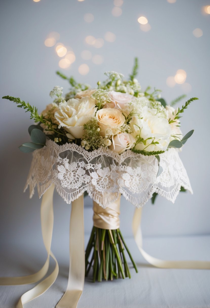 A delicate wedding bouquet of antique lace and long ribbons