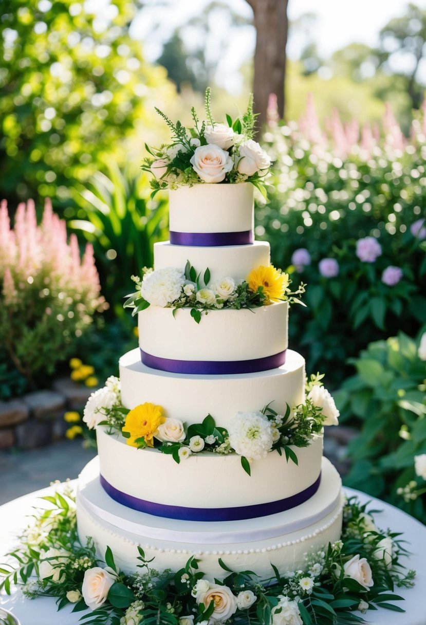 A four-tiered wedding cake adorned with fresh flowers, surrounded by a lush garden setting with blooming plants and greenery