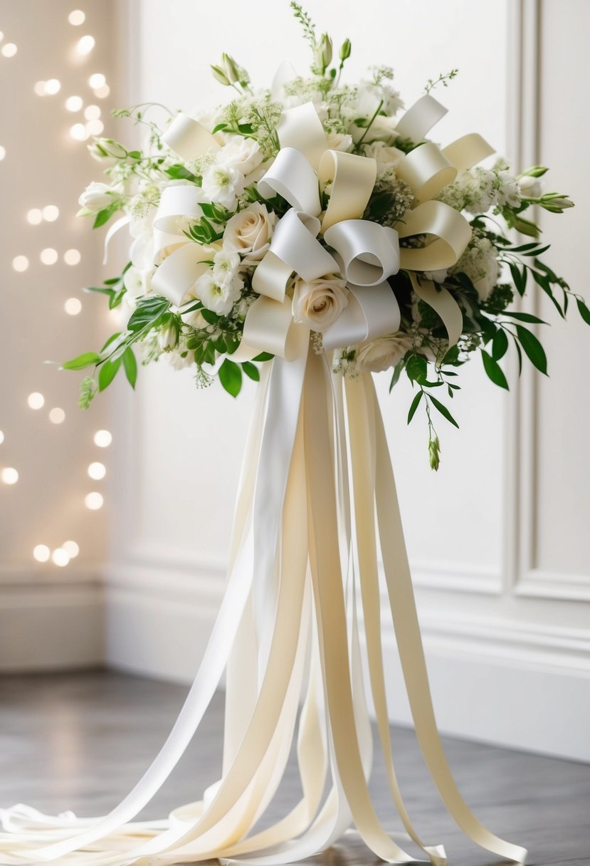 A long, flowing wedding bouquet made of white and cream ribbons intertwined in an elegant blend