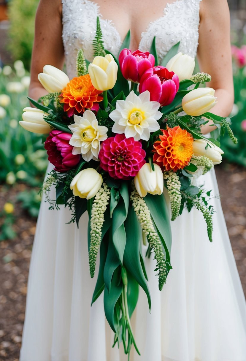 A cascading wedding bouquet with asymmetrical tulips and dahlias