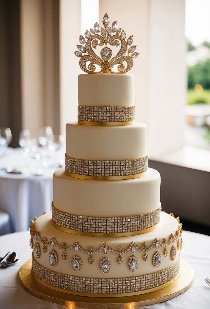 A four-tiered wedding cake adorned with gold and diamonds, exuding glamour and opulence