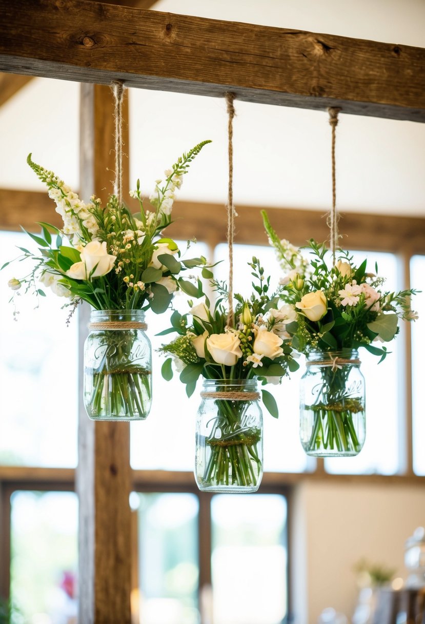 Mason jars filled with fresh florals suspended from a rustic wooden beam, creating a whimsical and romantic wedding bouquet display