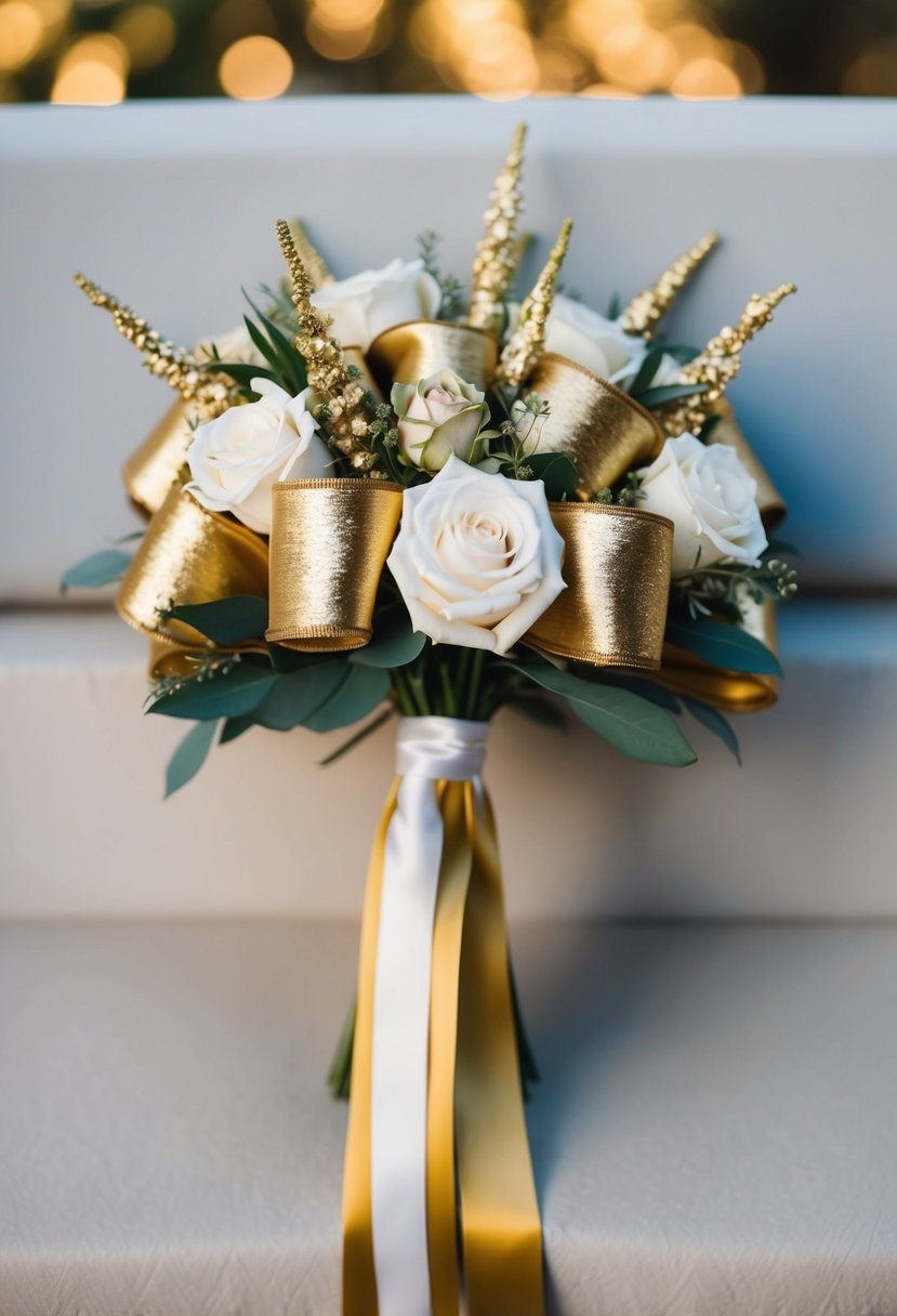 A long ribbon wedding bouquet with metallic gold fabric accents