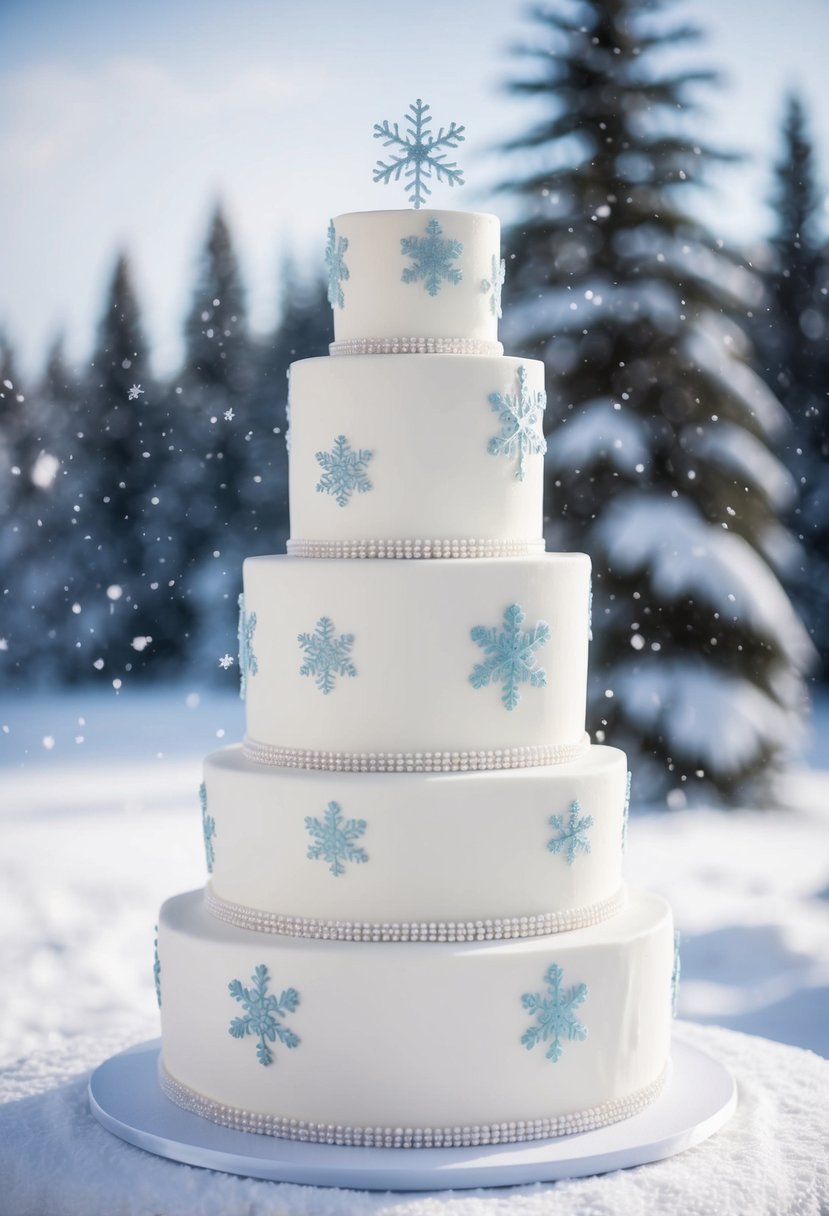 A towering four-tiered wedding cake adorned with delicate snowflake designs, set against a snowy winter wonderland backdrop