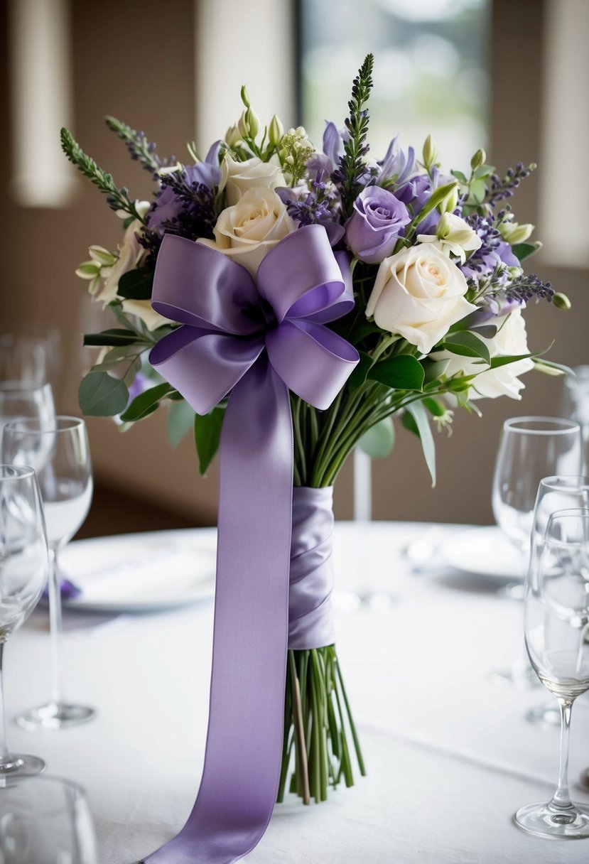 A lavender silk ribbon trailing from a wedding bouquet with long stems