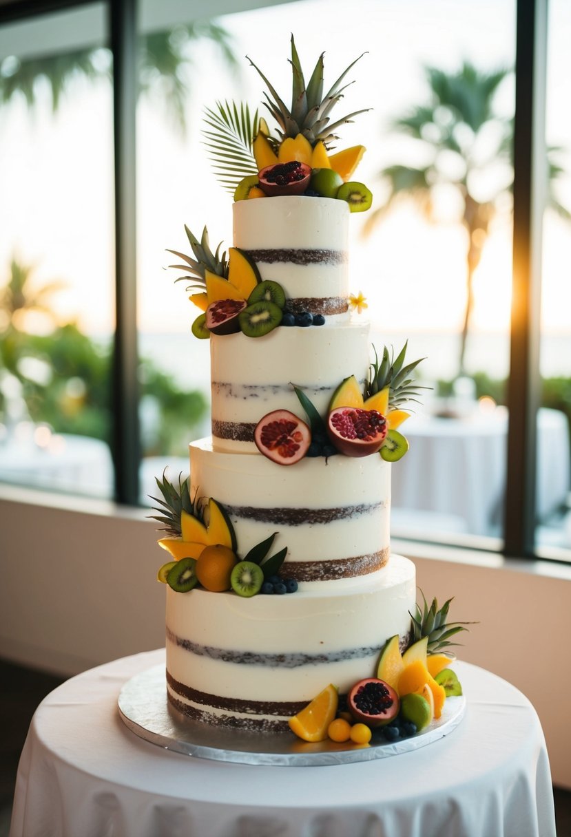 A towering wedding cake adorned with tropical fruits and infused flavors