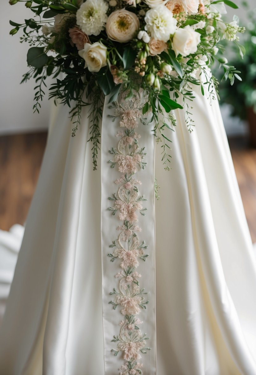 A long, flowing ribbon adorned with intricate floral embroidery, cascading from a lush wedding bouquet