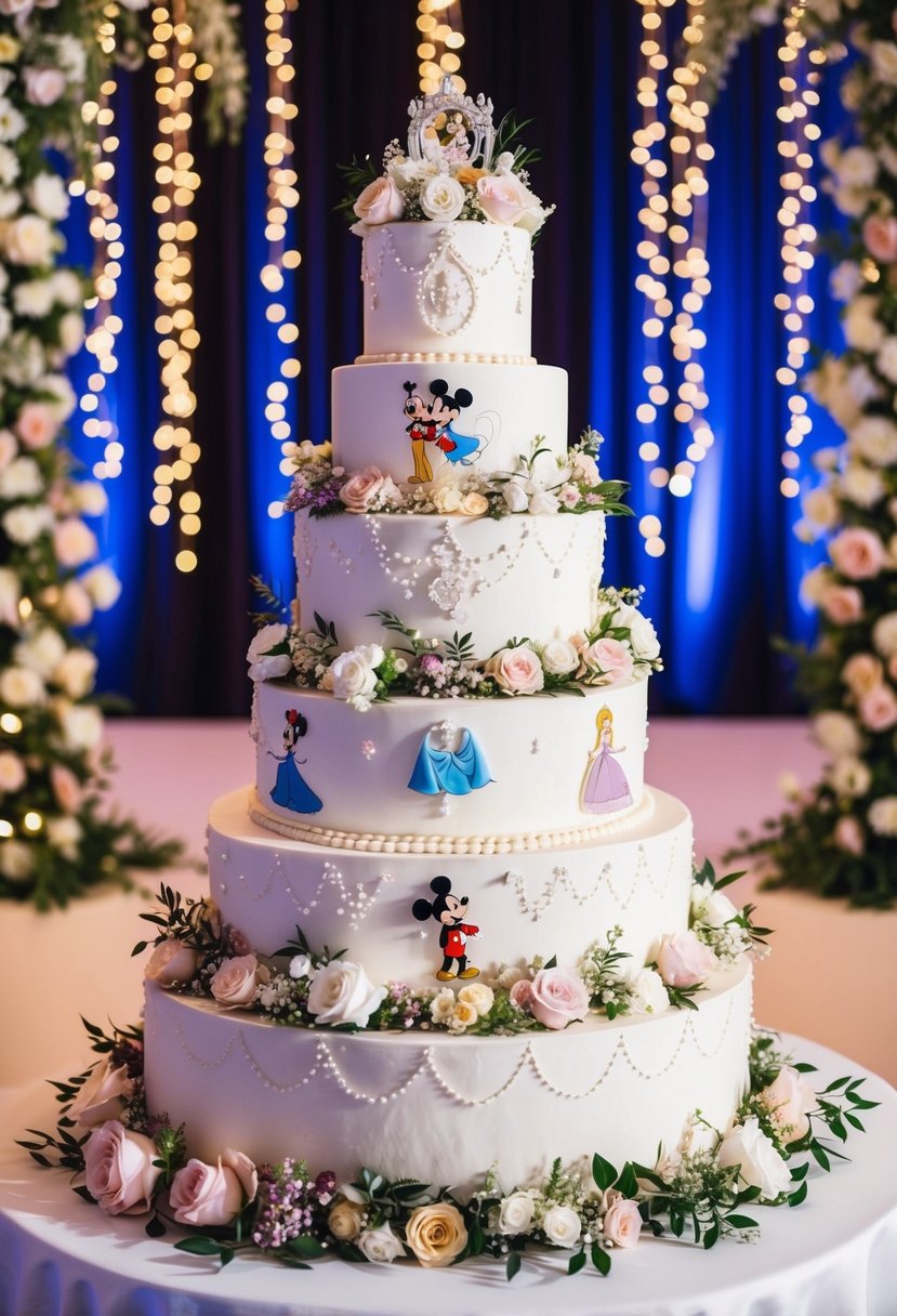 A grand four-tiered wedding cake adorned with Disney-inspired fairytale characters and motifs, surrounded by cascading floral decorations and twinkling lights