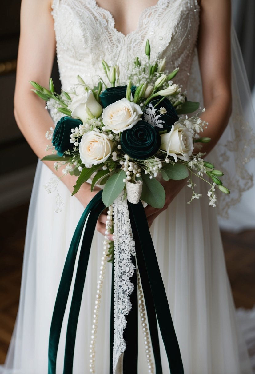 A bouquet of long vintage velvet ribbons intertwined with delicate lace and pearls, creating a romantic and elegant wedding accessory