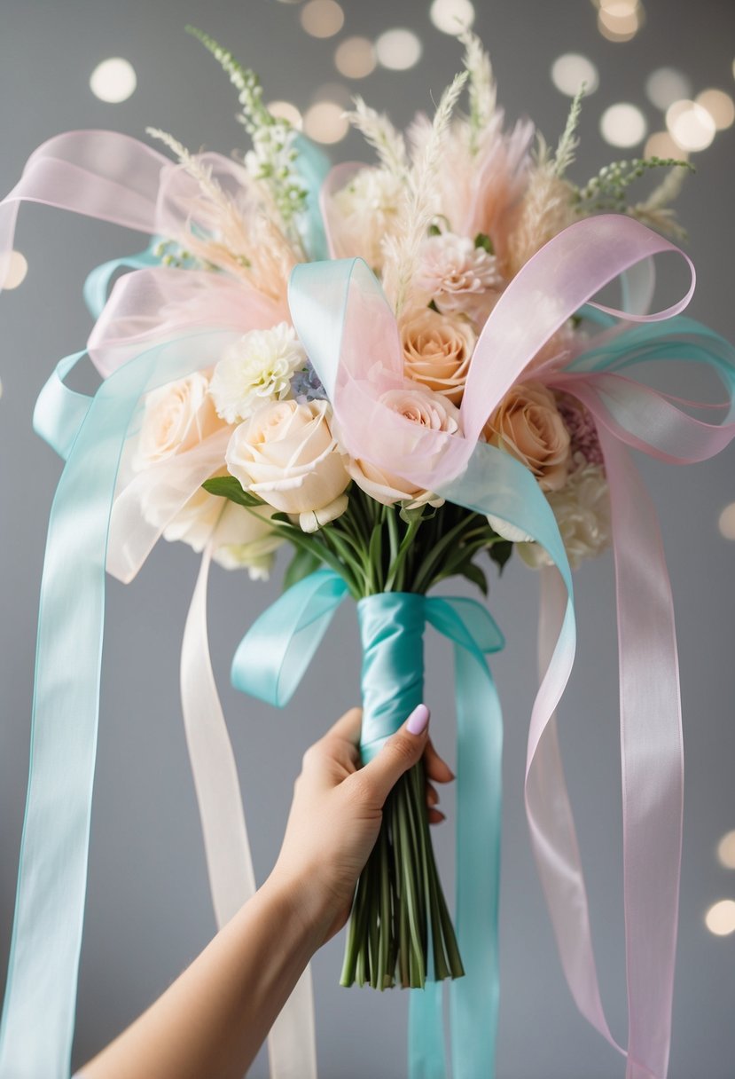 A bride's hand holds a bouquet of long, flowing organza ribbons in pastel colors, creating a dreamy and romantic wedding scene