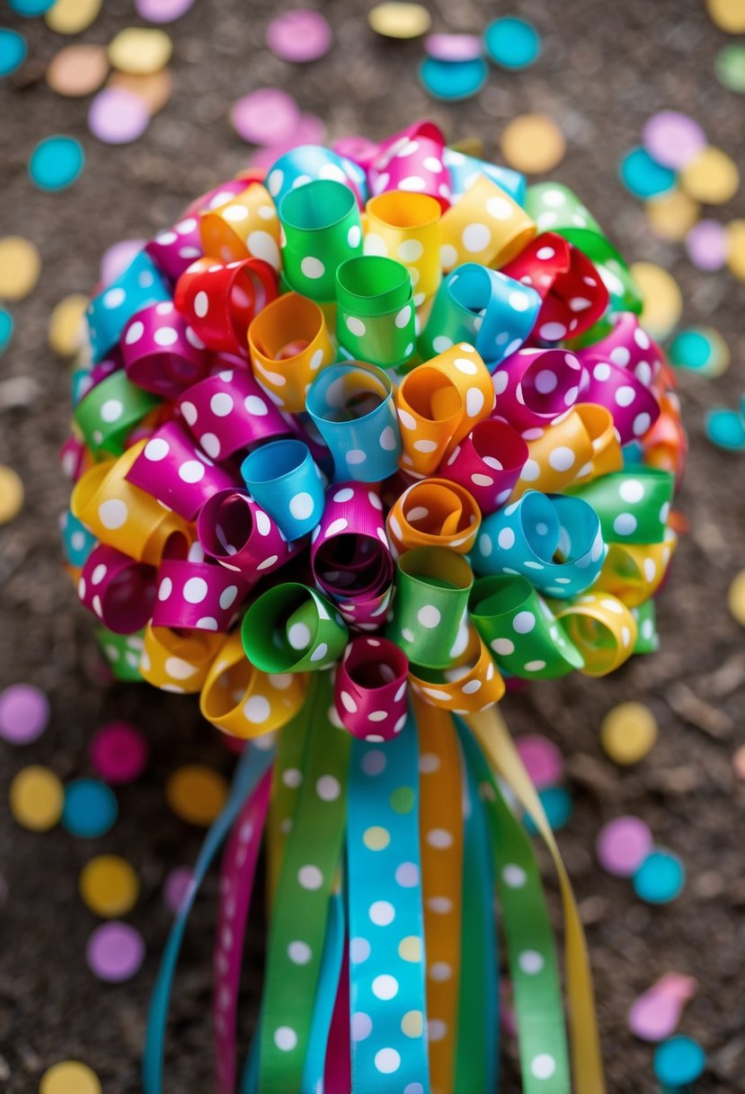 A bouquet of colorful polka dot ribbons swirling around a cluster of whimsical flowers