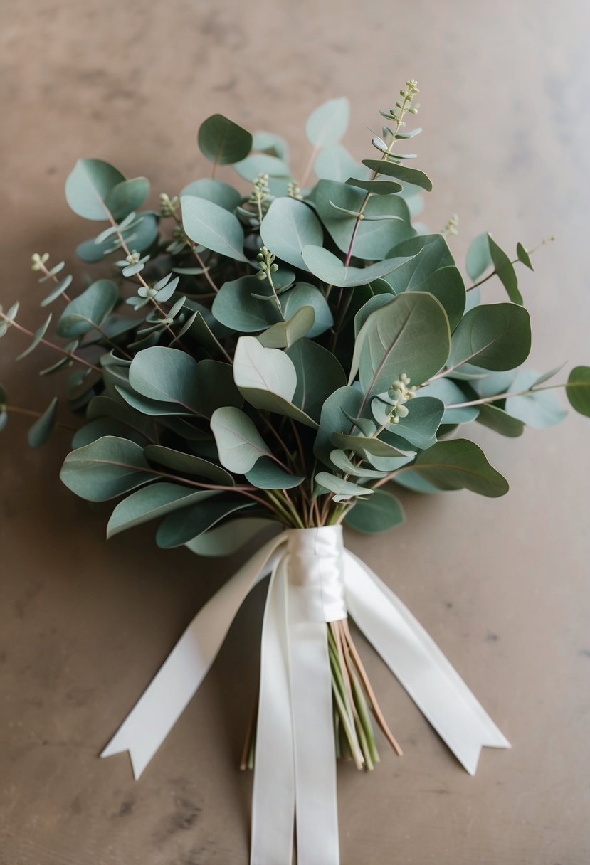 A long ribbon weaves through a bouquet of eucalyptus leaves, creating a flowing and elegant wedding bouquet