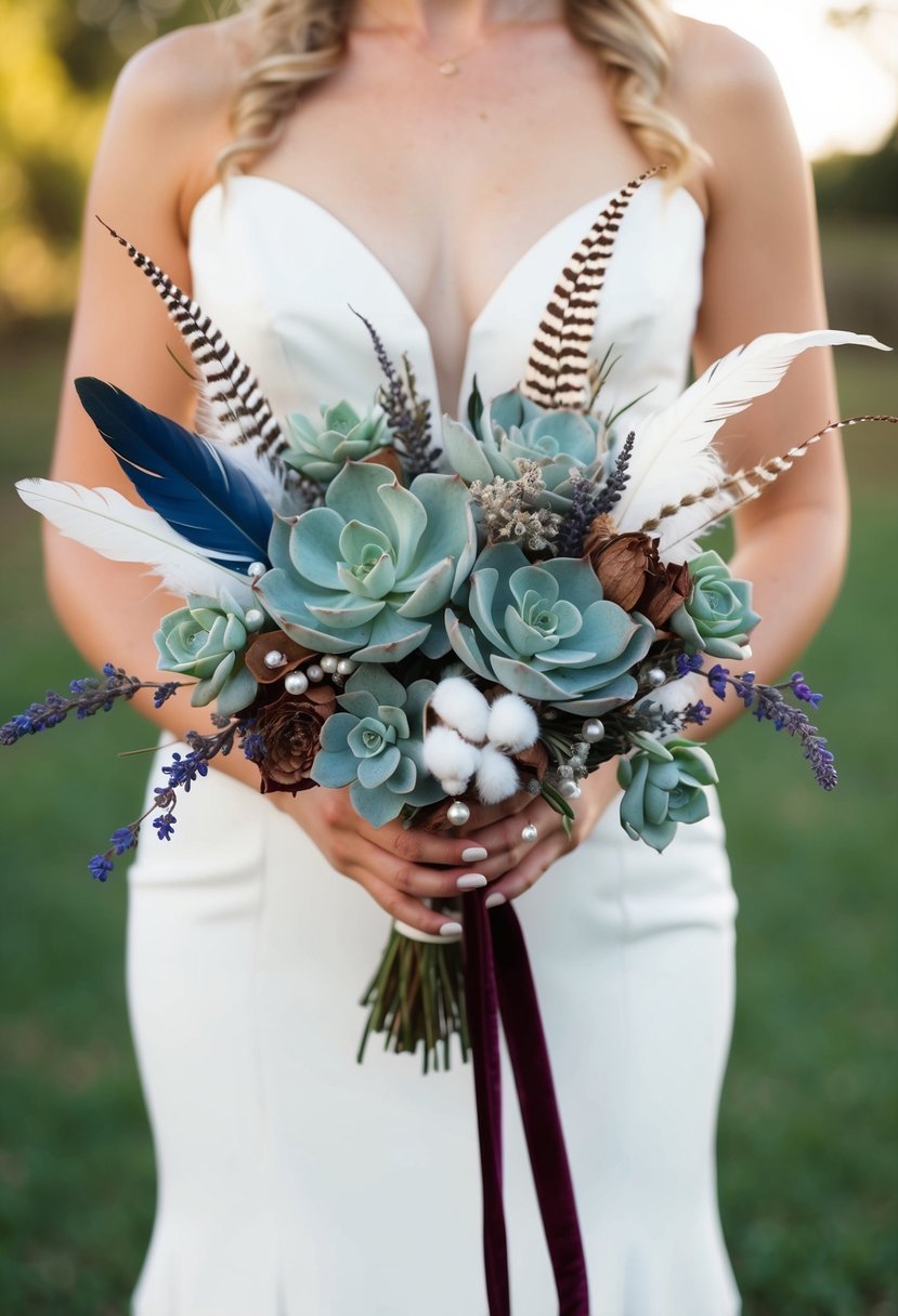 A bride holds a bouquet made of succulents, feathers, and pearls, with a touch of dried lavender and cotton, tied with a velvet ribbon