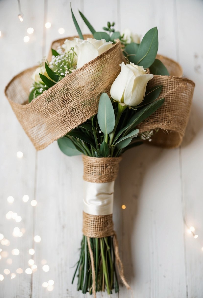 A rustic jute and silk overlay ribbon wrapped around a wedding bouquet