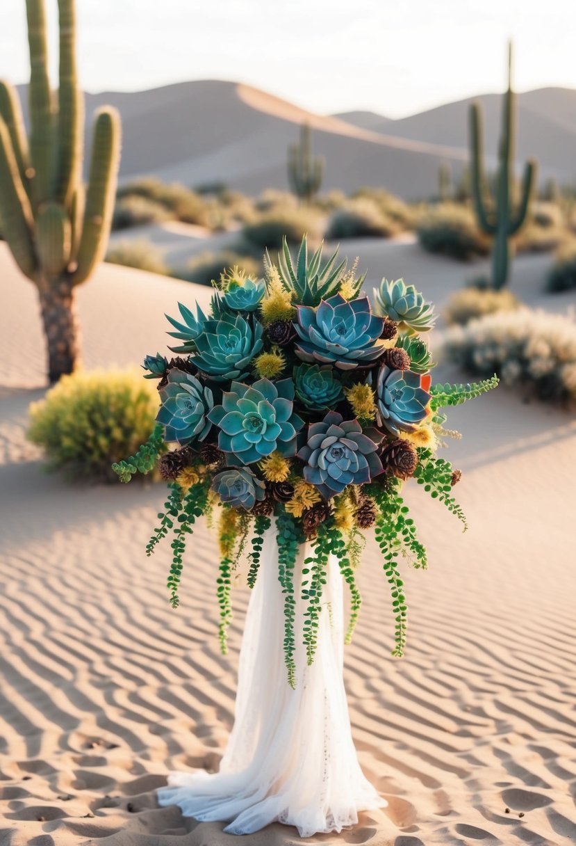 A desert landscape with vibrant succulents arranged in a cascading wedding bouquet. Sand dunes and cacti in the background