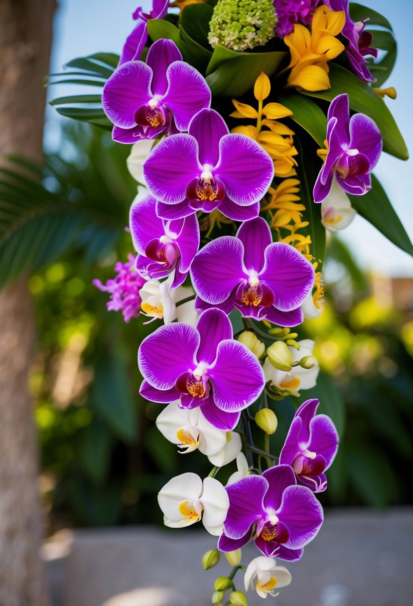 Vibrant orchids and tropical blooms intertwined in a cascading wedding bouquet