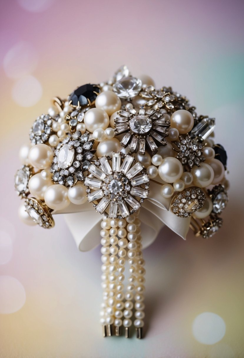 A brooch bouquet with a mix of vintage and modern jewelry, arranged in a cascading style with pearls and crystals, set against a soft pastel background