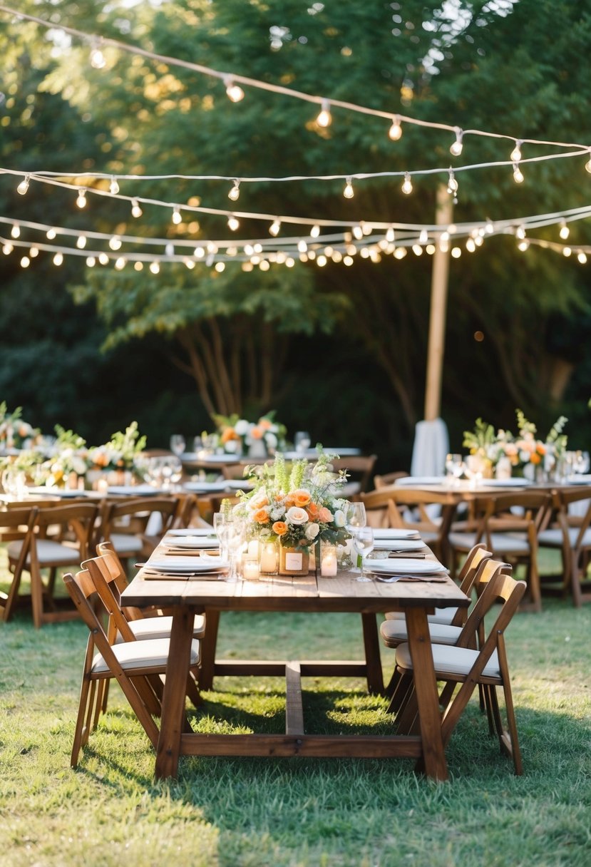 A festive outdoor wedding reception with a rustic BBQ spread, string lights, and floral centerpieces