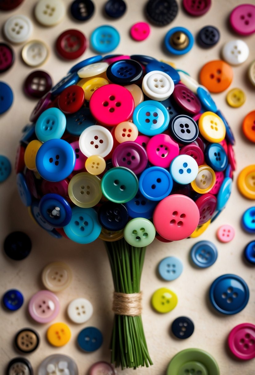 A bouquet of assorted buttons in various sizes and colors arranged in a playful and whimsical manner