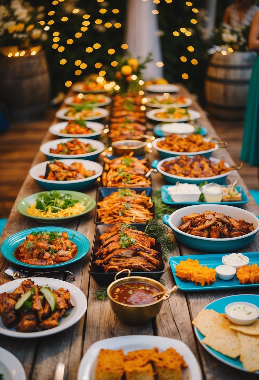 A colorful array of BBQ dishes on a rustic wooden table, surrounded by festive decorations and twinkling lights for a wedding celebration