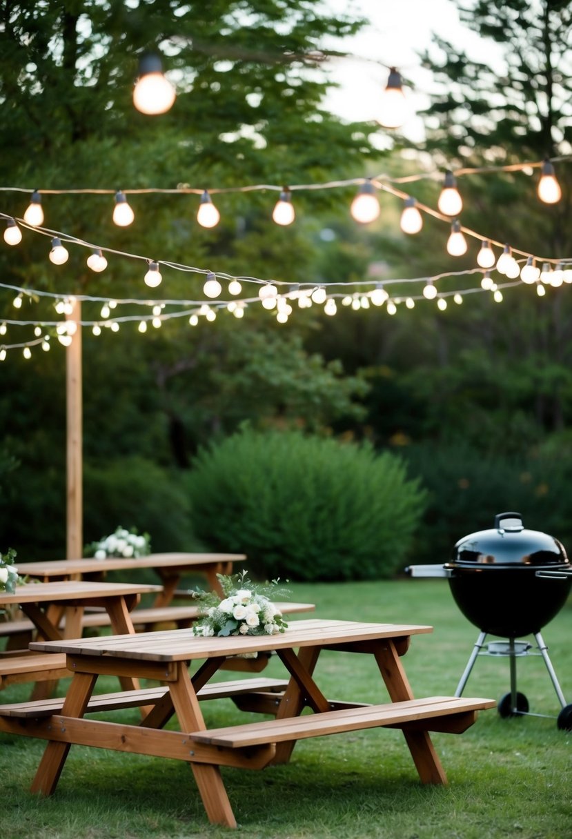 A charming outdoor wedding setting with wooden picnic tables and benches, adorned with string lights and a barbecue grill