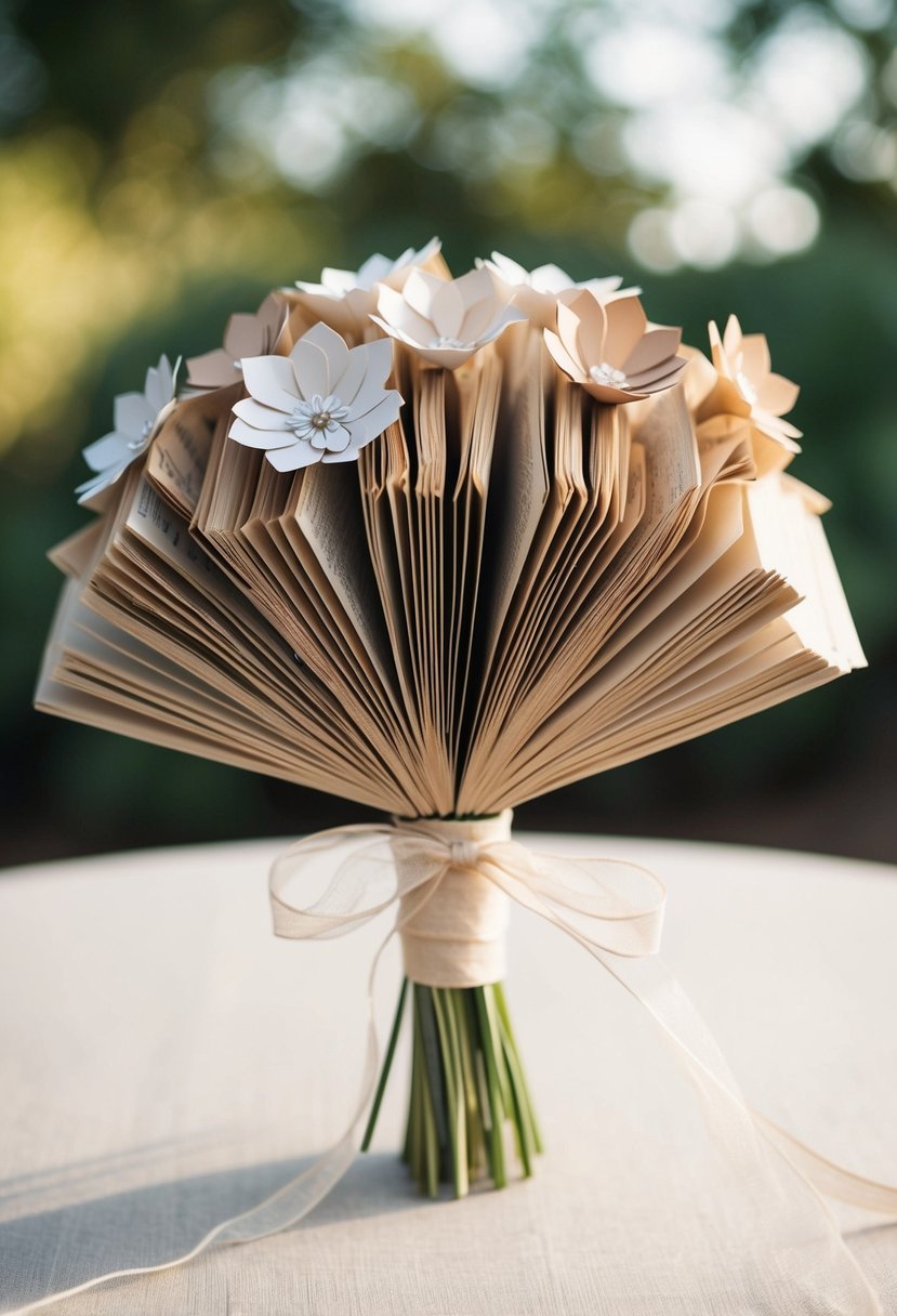 A bouquet made entirely of folded book pages, adorned with paper flowers and tied with a delicate ribbon