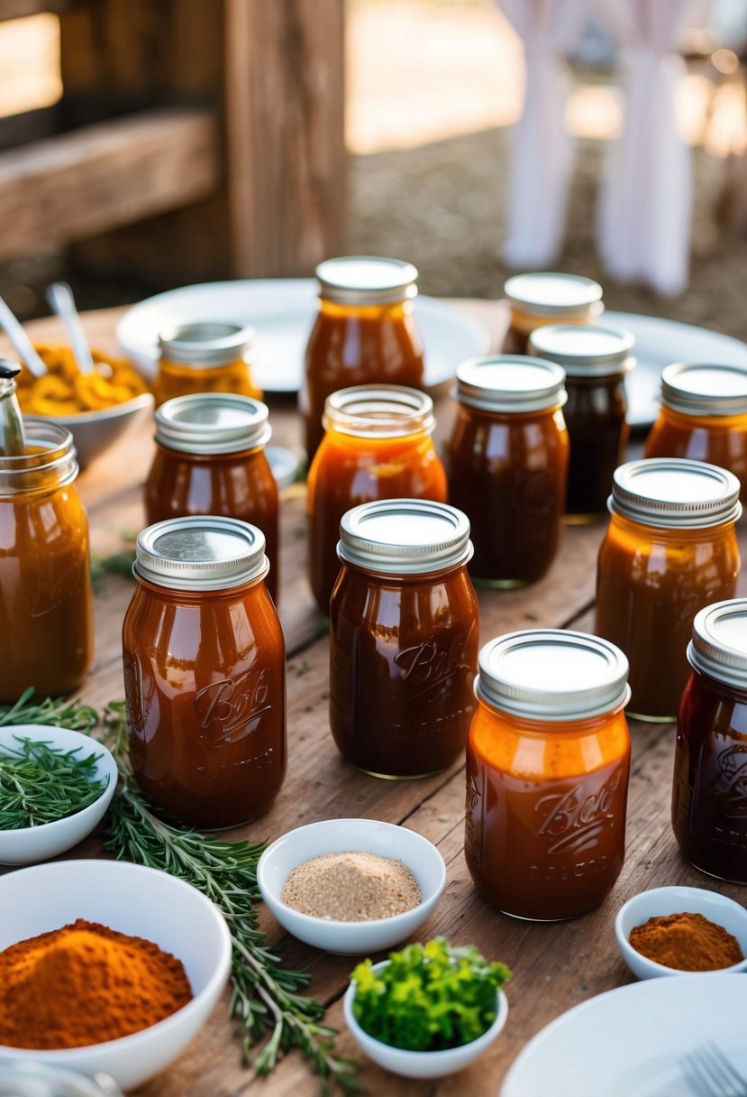 A rustic table with various jars of homemade BBQ sauce, surrounded by bowls of spices, and fresh herbs, set up for a wedding BBQ station