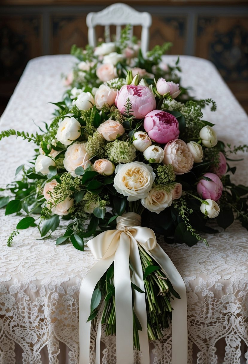 An opulent bouquet of cascading roses, peonies, and greenery, tied with silk ribbons, rests on a vintage lace table runner