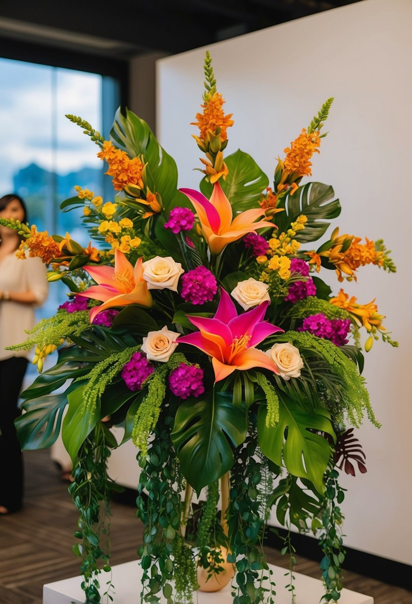 A vibrant silk flower arrangement with exotic blooms and cascading greenery, arranged in an unconventional and eye-catching style for a wedding bouquet