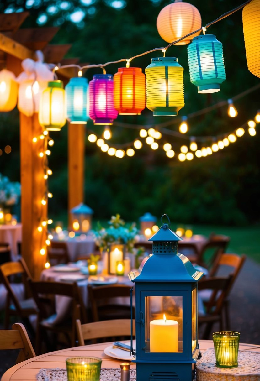 Colorful lanterns and string lights adorn a cozy outdoor wedding BBQ, creating a whimsical and enchanting atmosphere