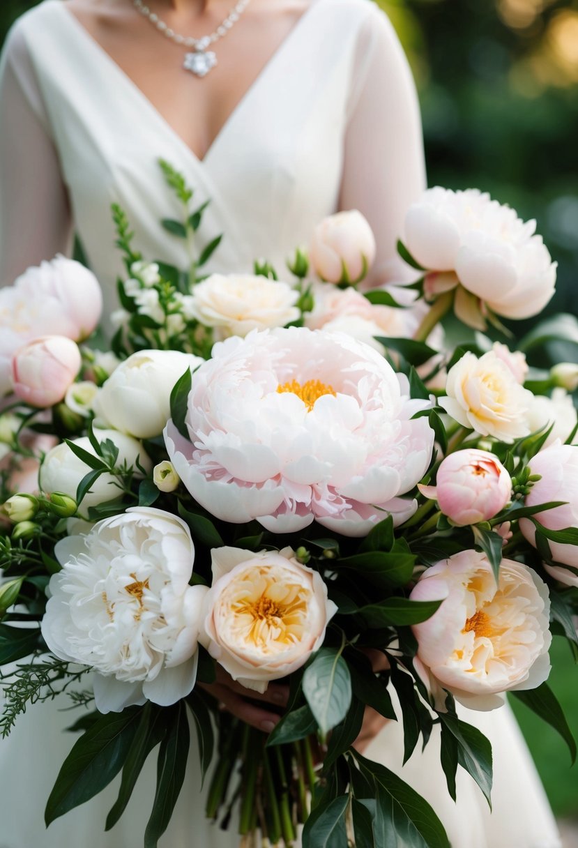 A lush, elegant bouquet of peonies and garden roses, arranged in a romantic and graceful composition