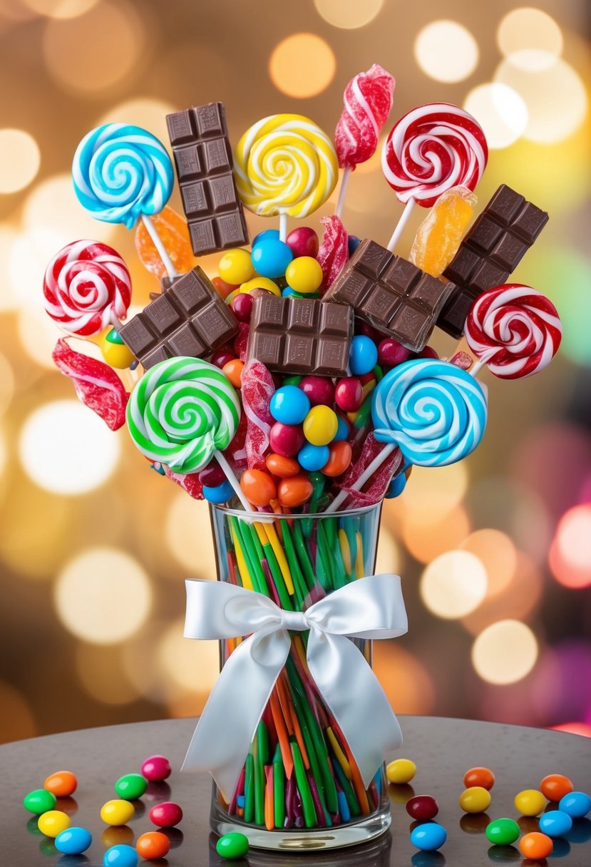 A colorful candy bouquet arranged in a tall glass vase with lollipops, gummy candies, and chocolate bars, tied with a satin ribbon